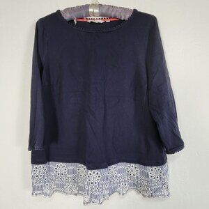 Boden Womens Embroidered Floral Stripe Hem Shirt Size 10 Navy Blue 3/4 Sleeve